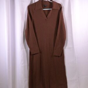 Talbots Brown Ribbed V-Neck Long Sleeve Midi Sweater Dress Women's XL